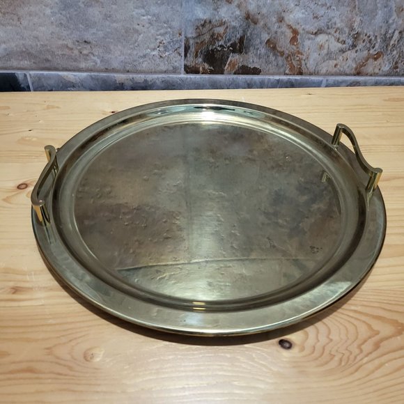 Dining Vtg Gold Tone Metal Round Serving Tray Metal Handles Poshmark